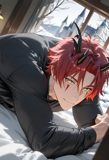 //General, masterpiece,best quality,amazing quality, source_anime, intricately detailed illustration, very aesthetic, absurdres, newest, anime coloring, subsurface scattering, , natural lighting, Expressiveh, detailed skin, shiny skin,aesthetics light, depth of field, vibrant colors,
//Fashion, black shirt, long sleeves, 
//Background, castle interior, indoors, snow background outside the window, 
//Others, 1boy, male focus, solo male, manly body, 
//Action, looking at viewer,  light smile, close up, upper body,
BREAK,
red hair, yellow eyes, horns, facial mark