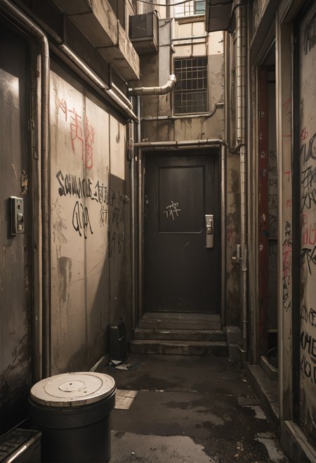 ,ruanyi1205,outdoors,dirty,alley,industrial pipe,door,graffiti,<lora:1205 Old-time Hong Kong alley_v1_pony:1>, score_9,score_8_up,score_7_up,,8k,1girl,solo,,