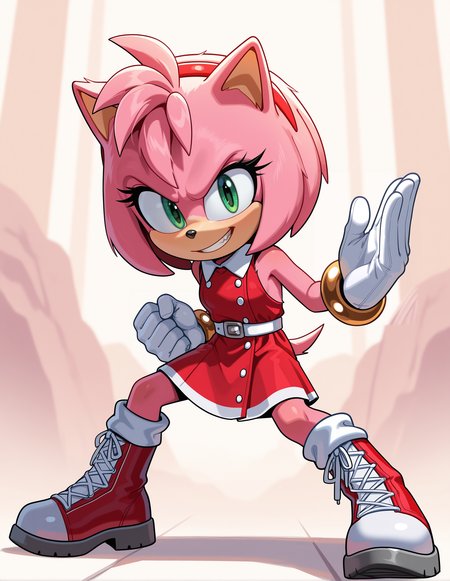 1girl, solo, full body, no humans, sonic \(series\), 
<lora:Movie-Amy:1> movieamy, pink fur, green eyes, animal nose, body fur, hedgehog tail, petite, short legs,
short hair, bob cut, red hairband,
red dress, sleeveless dress, backless outfit, white belt, collared dress, gold bracelet,
white socks, white gloves, standing, lace-up boots, red boots, white boots, two-tone boots, looking at viewer,
fighting stance, grin, v-shaped eyebrows, extremely detailed, highres, masterpiece, best quality