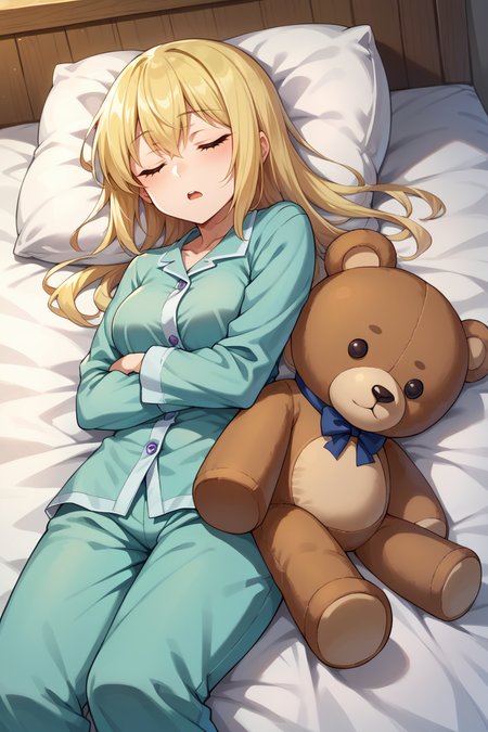 score_9, score_8_up, score_7_up, score_6_up, source_anime, BREAK 1girl, solo  <lora:aiswallenstein-pdxl-nvwls-v1:0.9> ais wallenstein, cyan pajamas, sleeping, open mouth, bed, pajama pants, lying on side, teddy bear