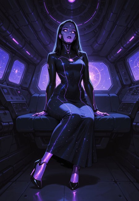 masterpiece, best quality, amazing quality,  high resolution, aesthetic,  robot woman, glowing purple body details, long hair, dark hair, scifi diplomat, beautiful patterned dress, midi dress, dark dress with high collar, 1girl, solo, starship interior, sitting,high heel, (artist: incase:0.5)