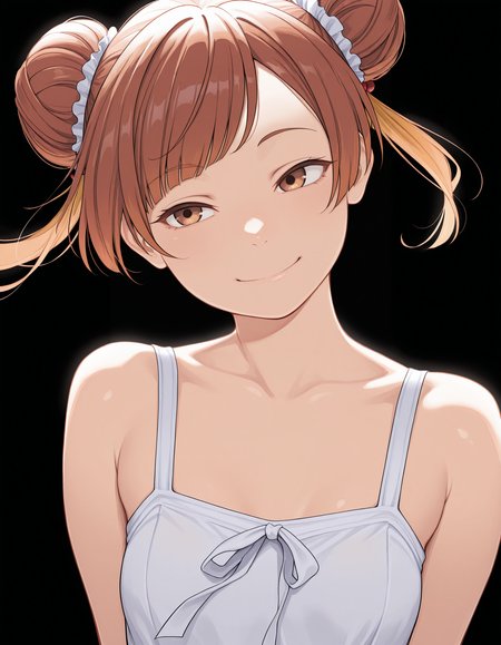 <lora:Laufen_1:1>1girl, solo, 
lauf3n, hair bun, double bun, brown eyes, brown hair, swept bangs,
sundress, floating hair, closed smile, 
small breasts, 
(solid black background:1.4), simple background,, masterpiece, best quality, amazing quality