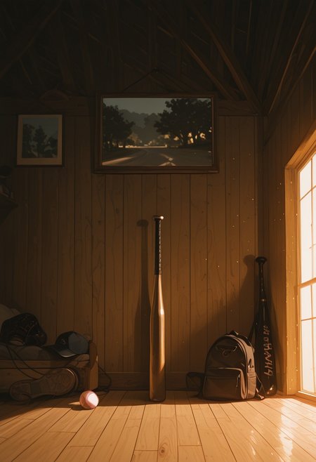masterpiece, best quality, very aesthetic, absurdres, ambient light, soft light, artist:moriimee, incoth, (incase:0.6), SagawaStyle,
8K, illustration,CG, ((no humans)), bedroom scenary, denim backpack on wooden floor, baseball bat, baseball glove, baseball cap, reflective floor, window view background,  sunlight from side, close up, depth of field, ((no body)), objective only,
high detail, sharp shading, centered composition, soft shadows
