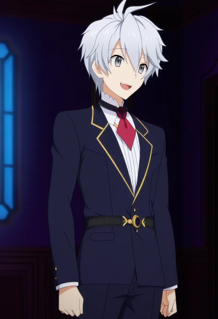 masterpiece, best quality, anime screencap, official style, anime coloring, cowboy shot, 1boy, solo, male focus, <lora:lux_arcadia_ilxl:0.96>, lux_arcadia, grey hair, grey eyes, short hair, hair between eyes, , asymmetrical, armory, indoors, dark, floating, laughing, businessman costume