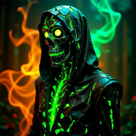 A fine art photograph of an elaborate industrial art Halloween Grim Reaper statues made of anodised copper with many tiny green cracks. The piece has obviously been made by a skilled craftsman, with finely detailed textures and surfaces. It is obviously old, with worn parts and a patina of grime.  A phosphorescent glow emanates from it, illuminating the surrounding area. Wisps of glowing orange fog roil in the background. The overall feel of the image is Magical Realism. <lora:BlackColor:0.6> <lora:Magical_Glow_Flux:0.6> <lora:Green_Cracks_on_Black_Flux:0.6>