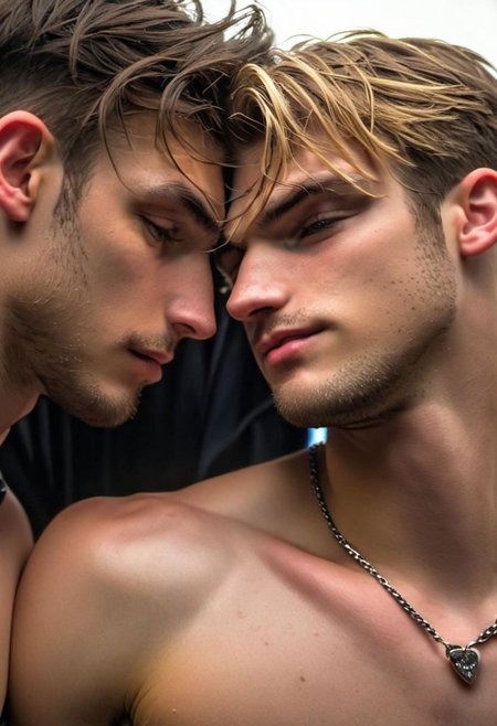 kyle ross, male focus, two handsome 18yo platinum blonde twinks embracing and kissing, close up of faces kissing, holding each other from behind, hugging from behind, face focus, dynamic posture, dramatic angle, camera angle from below, shirtless, stubble, hands on hip, black dog collar, black neck collar, long chain necklace, kinky,
skinny muscled, slender muscled, skinny, slender features, narrow shoulders, detailed armband tattoo, cute face, boyish face, perfect biceps, bicep veins, bulging veins, defined veins, great pecs, thin waist, angular face, strong and powerful, sporty, predatory look, feathered hair, long hair, shoulder length hair, great detail, satisfaction, blue eyes, bubble butt, small ass, small butt, tight shorts, 
(Masterpiece, high quality:1.3), masterpiece, depth of field, bokeh, detailed, homoerotic, (homoerotic), highly detailed, sharp focus, intricate, smooth, elegant, fantasy, cinematic lighting, cinematic, masterpiece, matte, photorealistic, 4k, beautiful, volumetric lighting, dramatic, photo-realistic, life-like, high detail, lighting, 8Knematic lighting, 8K, contrast lighting, contrasting lighting, cinematic lighting,