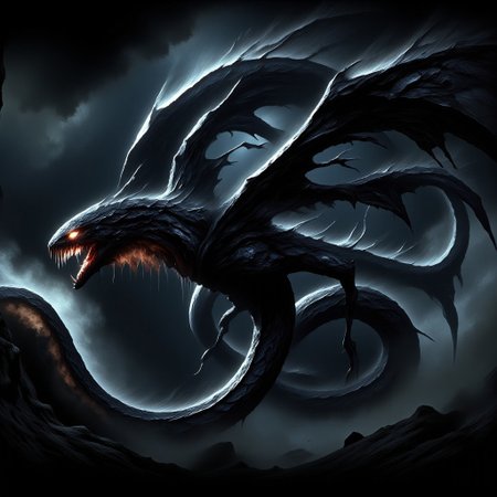 A terrifying flying snake with obsidian scales glides menacingly through the dark skies. Its body is sleek and sinuous, reflecting faint light off its razor-sharp scales. Massive, leathery wings stretch out on either side, beating with a whisper of death as it moves with predatory precision. Its eyes glow with an eerie, molten gold hue, filled with malevolent intelligence and a hunger for destruction. The creature's fanged mouth opens to reveal venom-dripping teeth, each one ready to deliver a fatal, paralyzing bite. Its hiss echoes through the air, a sound that sends chills down the spine, as it coils in mid-flight, ready to strike with lethal speed. This is no ordinary snake, but a beast of pure nightmare, embodying all that is dark and dangerous."
