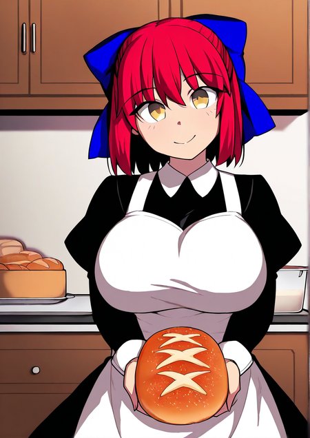 <lora:mangmoongming:1>,1girl, kohaku (tsukihime), huge breasts, apron, black dress, blue bow, bow, bread, cupboard, dress, food, hair bow, head tilt, indoors, kitchen, looking at viewer, maid, red hair, short hair, smile, solo, standing, upper body, white apron, yellow eyes,