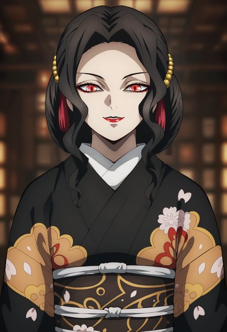 <lora:Muzan_Kibutsuji-Kimetsu_no_Yaiba:0.8>,Muzan,mature female,1girl,solo,black hair,hair ornament,red eyes,makeup,lipstick,kimono,upper body,looking at viewer,smile,indoors