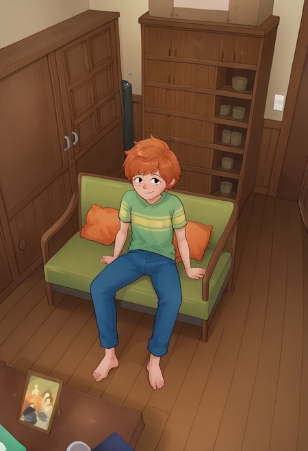 KamonStyle, anime-inspired art, vibrant and clean color palette, smooth shading, clean linework, detailed linework, isometric or dynamic perspective, expressive characters, attention to environmental details, storytelling-focused composition, full body of characters visible, 
score_9, score_8_up, score_7_up, 1boy, solo, Bill_Murphy, Ginger Hair, Freckles, black eyes, Striped Green Shirt, Blue Pants, shy smile,