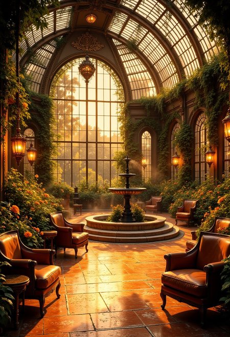 The Golden Twilight Observatory (Warm & Enchanting)
As the sun sets, this opulent greenhouse ballroom is bathed in golden light, filtering through ornate brass-and-glass arches. Antique amber-tinted lamps hang from the ceiling, casting a warm, inviting glow over overgrown marigolds, sunflowers, and cascading vines. The floor gleams with polished gold filigree, reflecting light from a grand bronze fountain, gently churning with steam. Soft caramel leather armchairs and bronze-rimmed tables create an ambiance of romantic warmth and timeless wonder, carrying the scent of honey, aged parchment, and citrus blossoms.