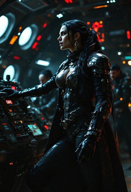 highly detailed, realistic, crisp image, clear image, sharp image, sharp focus, cinematic lighting, dark, chiaroscuro, low-key, dramatic lighting, ultra photo-realistic, 35mm photography, wide shot,
Subject is a female space pirate queen of oughly 40 years old, she mans the helm of his ancient space freighter that has been converted into a gunship.  Her fellow space pirates appear in the background doing various tasks.  She wears a skintight spacesuit with flexible form fitting armor plates, a futuristic long jacket with epaulettes that calls back to the 18th century, her long black hair is fastened in a low ponytail that drapes over her shoulder, and she wears an aviation cap and high heel boots.  She has one leg stepped up onto the control panel as she angrily shouts orders to her crew.  The scene is a mix of dark scifi aesthetic with a hint of 18th century pirate high adventure, dimly lit, dark space, stars, windows, more details, epic