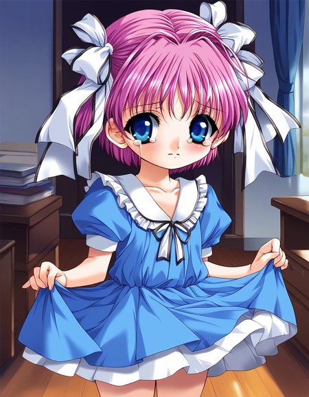score_9, score_8_up, score_7_up, source_anime, rating_explicit, BREAK  <lora:Kago_Noa_Ver2.0_XL:0.9> KagoNoa, pink hair, purple hair, blue eyes, hair ribbon, white ribbon, short hair,  short stack,
blue dress, long skirt, frill, 
room, flooring, curtain,
blush, tears, 
looking at viewer, 
cowboy_Shot,