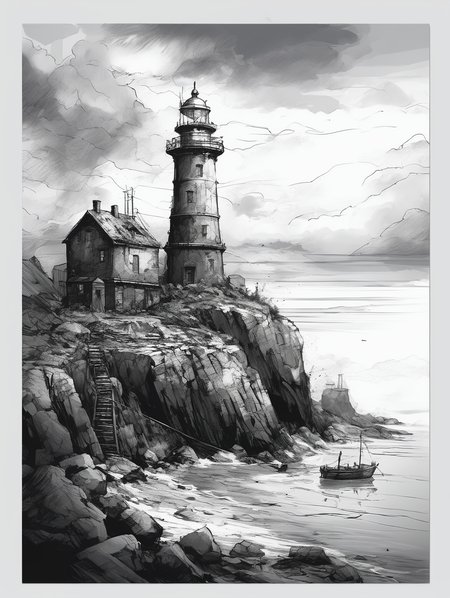line art drawing, 
A lonely lighthouse,
dramatic clouds, gloomy, mysterious, hazy, dusty, mystical, mysterious, gloomy, hazy, dusty, dramatic light,
34K uhd, masterpiece, high detail, 8k, intricate, detailed, high resolution, high res, high quality, <lora:add-detail-xl:1.8>, highly detailed, Extremely high-resolution details, fine texture,