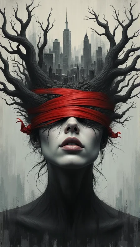 A grayscale surreal portrait, featuring a woman's melancholic face.  Intricate, gnarled, dark-gray branches and roots, like a desolate treetop, surround her head, and a cityscape is interwoven within those branches. Her eyes are covered by wide red ribbons, creating a sense of blindness or obscured vision.  The woman's expression is somber and introspective, reflecting a deep sense of isolation and perhaps, a connection to the ravaged urban landscape.  The colors are muted, predominantly grays and dark reds, creating a somber and muted atmosphere.  The texture of the painting is layered, with visible brushstrokes suggesting a labored, almost painterly technique.   The lighting is soft, highlighting the woman's features from a three-quarter perspective, emphasizing the emotional depth and the texture of visible cracks and fissures in the woman's skin. The background, a gray-toned ground, is a complex blend of muted tones and fragmented structures, further emphasizing the urban decay.  A somber, dreamlike style with elements of dark fantasy and surrealist art, evokes a sense of anguish and disconnection.

