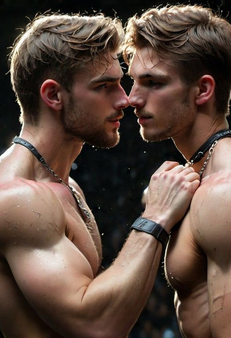 kyle ross, male focus, 2men, full bodies of two handsome 18yo blonde twinks hugging and kissing, close up of faces kissing, holding each other, hugging from behind, face focus, dynamic posture, dramatic angle, camera angle from below, shirtless, stubble, hands around chest, dog collar, neck collar, long chain necklace, shirtless, kinky,
skinny muscled, slender muscled, skinny, slender features, narrow shoulders, detailed armband tattoo, cute face, boyish face, perfect biceps, bicep veins, bulging veins, defined veins, great pecs, thin waist, angular face, strong and powerful, sporty, predatory look, feathered hair, tousled hair, messy hair, shoulder length hair, great detail, satisfaction, blue eyes, bubble butt, small ass, small butt, tight shorts, 
(Masterpiece, high quality:1.3), masterpiece, depth of field, bokeh, detailed, homoerotic, (homoerotic), highly detailed, sharp focus, intricate, smooth, elegant, fantasy, cinematic lighting, cinematic, masterpiece, matte, photorealistic, 4k, beautiful, volumetric lighting, dramatic, photo-realistic, life-like, high detail, lighting, 8Knematic lighting, 8K, contrast lighting, contrasting lighting, cinematic lighting,