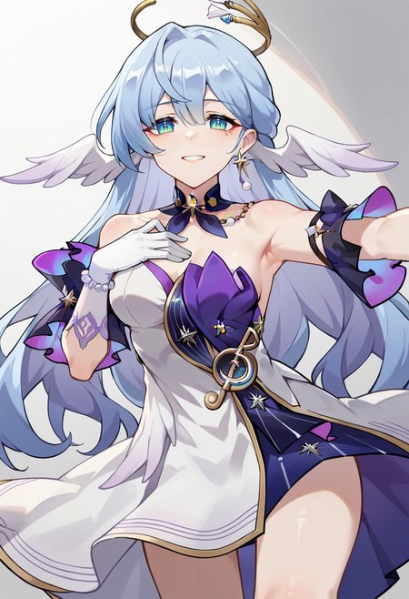 score_9, score_7_up, source_anime, BREAK solo,  <lora:Char-HonkaiSR-Robin-Pony-V1:0.9> robin \(honkai: star rail\), head wings, halo, earrings, detached collar, sleeveless dress, detached sleeves, white gloves, blue pumps, light smile, (hand on own chest:1.2), outstretched arm,