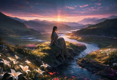 (best quality,8k,high res,masterpiece:1.2),photorealistic,ultra-detailed, vibrant photography of a Lilly in nature, dramatic lighting, finely ,fine detailed,Natural scenery, majestic landscape, colorful flowers, distant mountains, flowing rivers, melting sunset, serene atmosphere, dazzling sunlight, blissful vibes, luscious greenery, soft breeze, ethereal beauty, seek, Flora