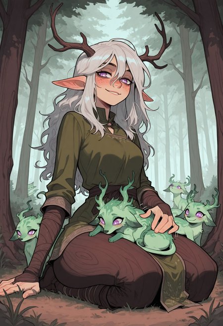 score_9, score_8_up, score_7_up, masterpiece, best quality, very aesthetic, 1woman, incoth, (incase:0.6), detailed face, (dynamic:1), purple eyes, white pupils, silver hair, long hair, messy hair, dark dryad, tree woman, bark skin, bark, on knees, formal seiza, dark forest, purple glyphs, levitating hair, pointy ears, bark covered limbs, bark covered arms, bark covered legs, sfw, patting forest animals, many forest animals, subtle smile, subtle blush, freckles, <lora:Rapscallion_Illustrious:0.35> Rapscallionstyle,  <lora:incoth:0.25> incoth, (incase:0.6),  <lora:r17329_illu:0.35> r17329_illu, <lora:ck-shadow-circuit-IL:0.4> in the style of cksc,  <lora:perspective:0.65> perspective, sfw, patting forest animals, many forest animals, subtle smile, subtle blush, freckles, elven clothes, forest spirit attire, antlers, (forest spirit on lap:1.2), fondling forest spirit