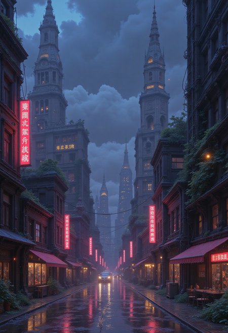Nixst3rAes, hyper-realistic image, a surreal cityscape blending futuristic architecture with ancient ruins, neon lights reflecting off rain-soaked streets, hazy twilight sky with swirling clouds, vibrant colors contrasting with muted shadows, detailed textures, intricate mechanical elements, evocative and immersive ambiance.