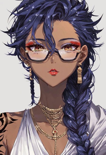 score_9_up, score_8_up, score_7_up, very detailed, 
1girl, dark skin, dark blue hair, braided hair, sci fi glasses, transparent glasses, thick framed glasses, tattooed face, sovietpunk, sovietpunk clothing, communist themed long gown, decorated boy suit, royalty, regal clothes, flowing cape, wearing tunic over bodysuit, well dressed, night time, starry skies, solo focus on female, close up shot, from torso up, portrait style, anime style, detailed face, best detail, (best quality:1.5), masterpiece, (high resolution:1.5) 
ng_deepnegative_v1_75t, OverallDetail, , Expressiveh