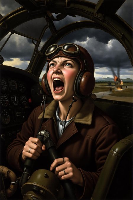 raphael1 painting.
A female pilot screaming inside the cockpit of a World War II bomber. The pilot, wearing a vintage leather flight helmet with goggles and a bomber jacket, grips the controls with white-knuckled hands. Her face is contorted in a mix of fear and determination as she yells, her eyes wide with adrenaline. The cockpit is cramped and filled with old-fashioned dials and gauges, with the outside view showing dark stormy clouds and distant anti-aircraft fire 
 <lora:raphael1_cap_d6a3:1.0><lora:843642460388256340:0>
