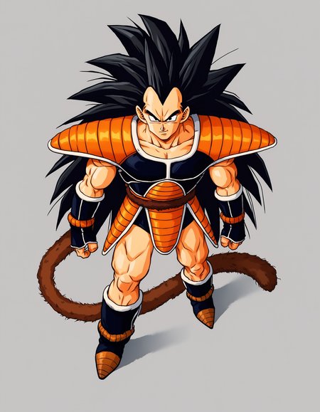 score_9, score_8_up, score_7_up, source_anime, spiked hair,
raditzxl,  1boy,solo,black hair,long hair, black eyes,looking at viewer, male focus,
saiyan armor, gloves, tail,boots,
<lora:raditsxl5-000003:0.8>