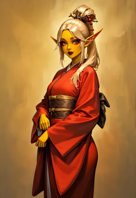 masterpiece, best quality, newest, absurdres, highres, 
D3-ART-V1.0, 
1girl, asian, asian female, elf, elf girl, pointy ears, long hair, yellow skin, blonde hair, golden colored skin, ponytail long ponytail, high taied ponytail, makeup, mascara, brown eyes, golden eyes,
kimono, red kimono, japanese clothes, hair ornament,