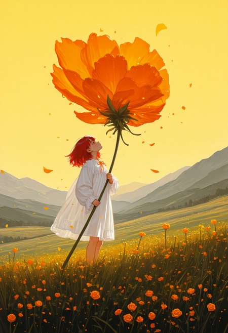 masterpiece, best quality, amazing quality, very aesthetic, absurdres, scenery, (oil painting \(medium\):1.7), (painterly:1.5), 
1girl, solo, short hair, red hair, loose hair, red eyes, detailed eyes, windblown hair, looking up, 
white nightgown, long sleeves, orange ribbon, holding flower, large_flower, big_flower, orange flower, orange rose, grassy field, flower field, yellow_flowers, hillside, hills, yellow sky, falling petals, floating_petals, flower_petals, high contrast, brush stroke, 