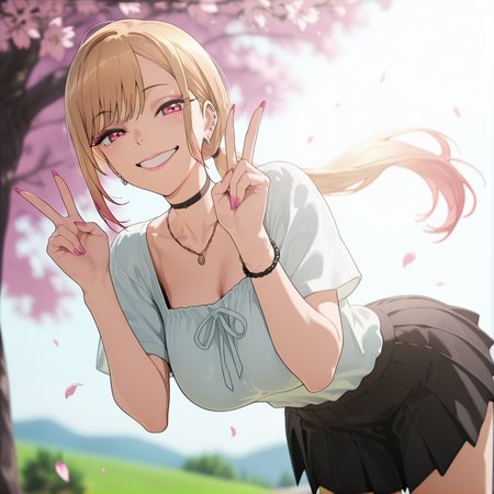 masterpiece,best quality,amazing quality,animated, masterpiece,best quality,absurdres, amazing quality, floating hair,  (dutch angle:0.25), smile teeth,
1girl,solo,pupils,looking at viewer,smile,
blurry background,outdoors,soft lighting,depth of field,morning,lens flare,cherry blossoms,falling petals, large breasts, pink lips, (black pleated skirt), (short skirt:0.85), (black skirt:1.2)
<lora:Marin_Kitagawa_My_Dress-Up_Darling_-_Illustrious:0.7> , Marin Kitagawa, 1girl, blonde hair, long hair, multicolored hair, red eyes, pink nails, nail polish, fingernails, jewelry, earrings, ear piercing, necklace, choker, barbell piercing, bracelet, cute, smile,  makeup,  white blouse, (skinny body:1.2),
(low  ponytail), detailed hair,
<lora:double v_pony_V1.0:1> , double v,