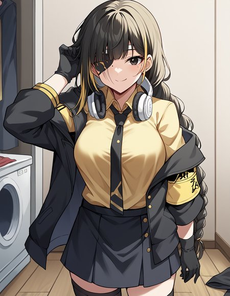score_9, score_8_up, score_7_up, source_anime, <lora:girlsfrontline-m16a1-ponyxl-lora-nochekaiser:1>, m16a1, black hair, long hair, black eyes, streaked hair, yellow hair, bangs, braid, braided ponytail, eyepatch, mole, mole under eye, scar, scar on face,, armband, asymmetrical legwear, black gloves, black jacket, black legwear, black skirt, buttons, gloves, headphones, headphones around neck, hood, hooded jacket, jacket, knee pads, necktie, skirt, strap, unevent legwear, shirt, yellow shirt, hood down, mature female, medium breasts,, messy room, clutter, clothes on floor, disorganization, laundry, smile, <lora:tucking-hair-ponyxl-lora-nochekaiser:1>, tucking hair, adjusting hair, hand on own hair, hair behind ear,, looking at viewer, solo,, dutch angle, cowboy shot