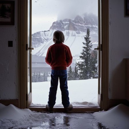 UHD, 4k, ultra detailed, cinematic, a photograph of  <lora:perfection style:0.5> <lora:detailed:0.5> perfection detailed
 <lora:The Shining film style:0.9>
 <lora:1980's style:0.4>
Jack Torrance In the 1980's in the Colorado Rocky Mountains a man from behind standing in a doorway with a snow covered floor,solo,1boy,standing,male focus,pants,indoors,from behind,scenery,door,lamp,picture frame,painting (object) , cinematic, film, kodak, The Shining film style, epic, beautiful lighting, inpsiring