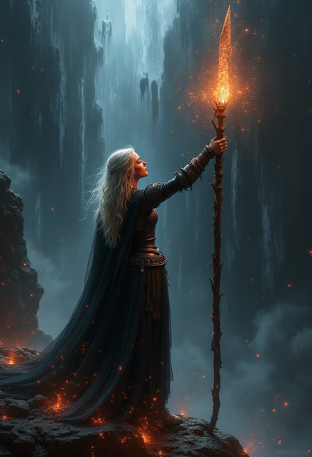 The focus is on a female silver haired mage holding her staff high above her with both hands in a final stand. The mage is wearing sleek armor that is damaged and breaking apart. She stand on the edge of a cliff overlooking a dark abyss and she is facing a balrog. The balrog is an enormous creature cloaked in black and crimson flames of death. The mage  The tip of the staff glows with purity.,
The backdrop behind the mage and balrog is a swirling abyss of darkness, separated by streaks of pure white. The backdrop is centered behind the subject. The colors are separated by metallic fractures, creating a glowing mosaic effect. The colors of the backdrop are most intense near the center. The mage is a stark and vibrant contrast of hope against the encroaching darkness and despair.
