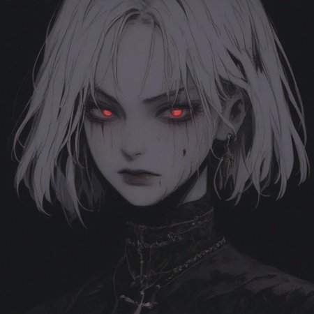 score_9, score_8_up, score_7_up, flat color, blood dripping from mouth, demon girl, demon horns, gthan, gothic, jewelry, red glowing eyes, solo, blood, earrings, cross, 1girl, black background, looking at viewer, portrait, short hair, necklace, blood on face, cross necklace, simple background, spot color, closed mouth, white hair, cross earrings