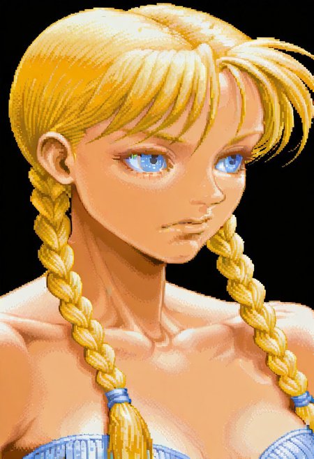 ssf2style, 4bit, dithering, portrait, 1girl, blonde, long hair, twin braids,, perfect nose, blue eyes, bare chest