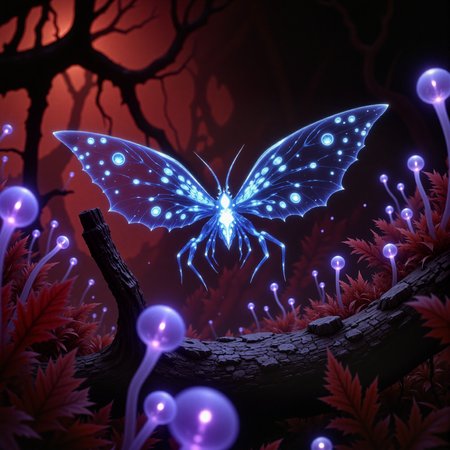 award-winning macro photo, short depth of field, hyper realistic, dim lighting, at night, bioluminescence, subsurface scattering, the flickering "auric guffgibberer" is a tiny darting creature, thriving in the crimson-hued crimblewilds of the humid world "zofflebob vii." its flibberwhirring wings are tipped with glowing nodes that flash in rhythmic patterns, creating intricate lumiglyphs to communicate with its swarm. the creature's habitat is a chaotic labyrinth of tangled, knorpled branches and flaring orbiflowers that release puffs of phosphorescent pollen into the stifling air, creating an otherworldly, vorblyborked landscape, highly detailed, intricate, detailed background, golden ratio, arsmjstyle, dnddarkestfantasy, in the style of ck-ovf, aidmafluxpro1.1, 
<lora:epic_gorgeous_details-balance-flux-by_flyway:0.44> 
<lora:style-dnd_dark_fantasy-flux-by_arsmachina:0.68> 
<lora:style-oneviolentfantasy-ep21-flux-by_chronoknight:0.48> 
<lora:flux_pro1.1_detailer-v0.2-flux-by_aidma:0.44>