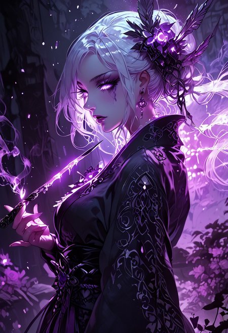(score_9, score_8_up, score_7_up), (Masterpiece), (expressive eyes), 1girl, 
Nurarihyon, smoking pipe, purple smoke, long white hair, kimono,
slightly muscular,
<lora:MGE_V5.0:1.2> 
BREAK
((sexy dynamic pose:1.3)),18 years old, perfect quality, high quality, dynamic angle, dynamic pose, random emotion,
perfect body, epic, soft skin, soft skin, shining glossy skin, soft abs, slim waist, side view,
BREAK
Expressiveh, cinematic, cinematic lighting, reflections, ultra hd, visual effects, graphic effects, 
ambient occlusion, raytracing, soft lighting, blum effect, masterpiece, particles, glow, shining, intricate cinematic background,
BREAK
hkhorror,mythp0rt,MythAn1m3,