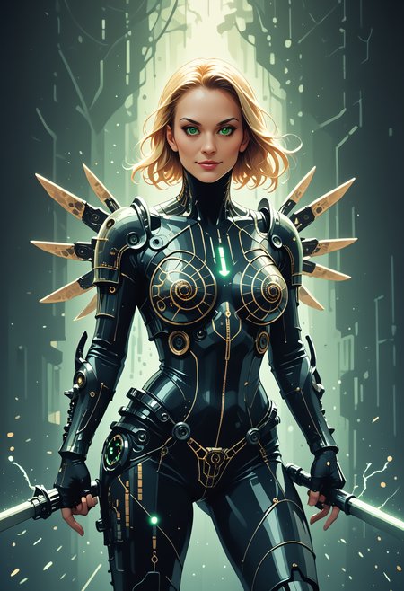 score_9, score_8_up, score_7_up, 
codeandigital, matrix, matrix codes, ai, ai consciousness, digital world, digital, science fiction, cyborg woman, mask, armor, spiked mace weapon, sharp metal bladed wings, solo, shoulder armor, blonde hair, green eyes, smile, pauldrons, looking at viewer, action pose,