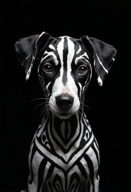 Hyperrealistic close-up portrait of a Dalmatian dog with striking, artificially painted geometric patterns. The dog's face and upper body are covered in bold, precise white stripes and shapes against its natural black fur, creating a mesmerizing optical illusion. The pattern features straight lines, right angles, and symmetrical designs reminiscent of tribal or futuristic art.
The dog's alert, intelligent eyes stand out against the black and white contrast, conveying a sense of curiosity and mild confusion. Its ears are perked up, adding to the attentive expression. The dog's nose is shiny and black, perfectly centered in the composition.
Shot against a pure black background, the lighting is dramatic and high-contrast, emphasizing the stark black and white patterns. The illumination highlights the texture of the dog's short fur and the glossiness of its eyes.
Every detail is captured with precision: individual hairs, the subtle variations in the dog's skin texture, and the crisp edges of the painted patterns. The image is composed as a head and shoulder shot, filling the frame with the dog's uniquely adorned face and upper body.
The overall effect is a striking blend of nature and artificial design, creating an image that is both familiar and surreal, captured with the clarity and depth of a high-end fashion or wildlife photograph.