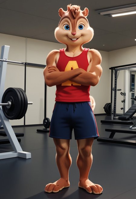 Score_9, score_8_up, score_7_up, source_furry, Alvin Seville, chipmunk, chipmunk male, furry male, furry, 3d, render, movie screencap, blue eyes, muscular body, muscles arms, muscular legs and thighs, red tank top, gym shorts, barefoot, gym, machines, smiling, crossed arms, looking at viewer, <lora:Alvin _Seville __Alvin_and_the_Chipmunks__CG_Movie_version:0.8>