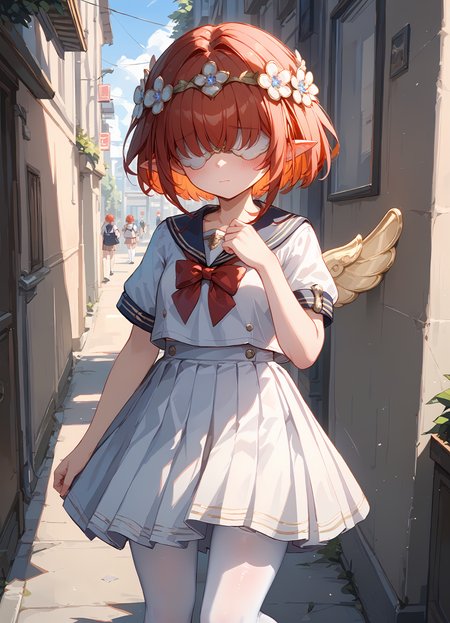 (score_9, score_8_up, score_7_up), 1girl, trinnon, covered eyes, flower circlet, wings, school uniform, short sleeves, white pantyhose, closed mouth, blush, street, <lora:tribbie-hsrPO-v1:0.9>