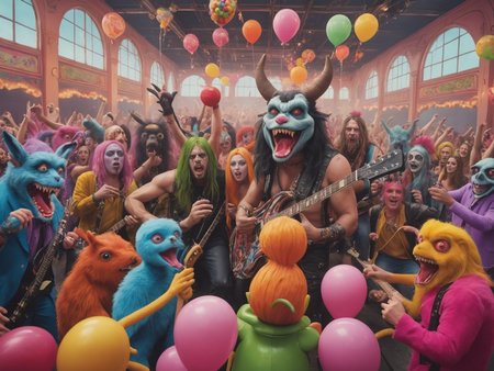 a heavy metal band plays a concert in candyland,daytime,audience full of innocent creatures and colorfully dressed people,vibrant colors,super intricate,insaneres,absurdly detailed,<lora:add-detail-xl:0.8>,photograph,hyper realistic,cinematic lighting,sharp focus,beautiful faces,realistic skin,
