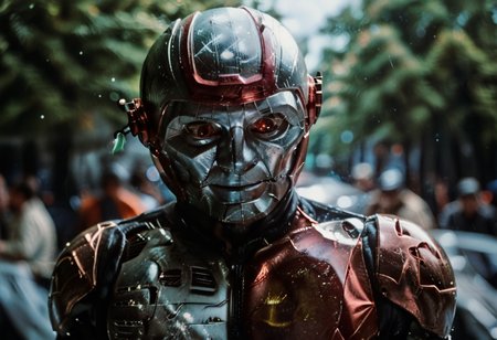 score_9, score_8_up, score_7_up, ar3na1989, <lora:Ar3na1989:1>, 1boy, male focus, blurry, solo, bokeh, scenery in background, robot, red eyes, helmet,