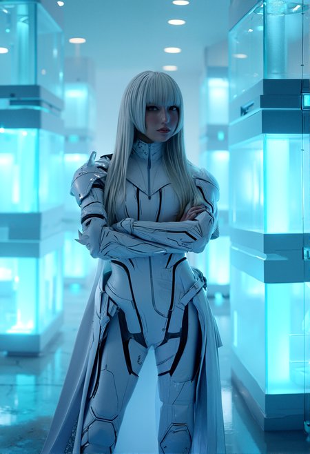 Photorealistic image of a futuristic female warrior with white hair and a sleek, armored outfit standing confidently in a vast, glowing room made entirely of blue-tinted glass cubes, the light reflecting off the surfaces creating a luminous atmosphere.

The character standing in a relaxed stance with her arms crossed over her chest, her head slightly tilted as she surveys the environment, the glowing cubes reflecting off her white armor.


cinematic lighting, extremely intricate detail character, accurate depiction of character, correct body anatomy, correct hands and fingers, extremely intricate skin and facial texture detail, design,lifelike potrayal, extrememly realistic lighting, extreme dynamic pose, sfw, fully clothes, sharp background detail, wide shot










