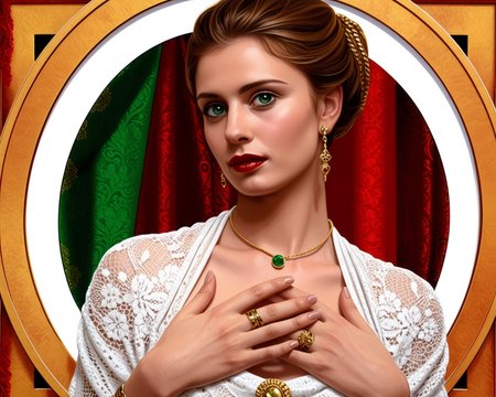 A highly realistic digital painting of a fair-skinned woman with long, light brown hair, styled with gold bands. She has striking green eyes and full, red lips. She is wearing elegant gold earrings and a white lace shawl draped over her shoulders. Her hands, adorned with multiple gold rings, are clasped in front of her chest. The background is a rich red, enhancing her pale complexion. The detailed textures of the lace and her smooth skin are meticulously rendered. The overall style is reminiscent of classical portraiture with a modern digital twist.. doviliotarot  <lora:DovilioTarot_SDXL:1.3>