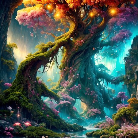 RAW photo, (masterpiece:1.3), subsurface scattering, heavy shadow, (high quality:1.4), (intricate, high detail:1.2), professional photography, HDR, High Dynamic Range, realistic, ultra realistic, photorealistic, high resolution, film photography, ambient lighting, atmospheric effects, <lora:detail_slider_v4:2>, OverallDetail,  a huge magical tree with big roots, there is a cave in its trunk, in a fantasy forest with magical lights, godrays, flowers, FeyFa, <lora:FeyAndFairies-10:1>, epiCPhoto