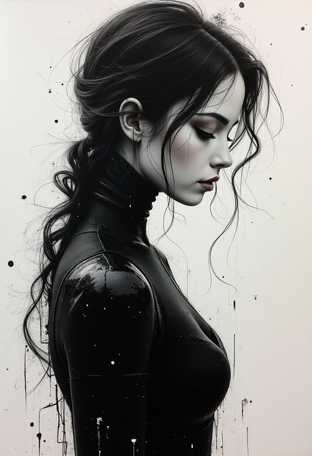 A masterpiece of (abstract android idol girl ink painting full body capture) style created by the collaboration of Francisco Goya and Michelangelo Merisi da Caravaggio.    HD32K, hyperdetailed, best quality, aidmaMJ6.1.