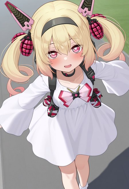 ikinone_tomeru, blonde hair, twintails, hairband, multicolored hair, black hairband, hair ribbon, pink eyes, long hair, gradient hair, headgear, hair between eyes ,drill hair, mechanical ears, 
choker, white dress,ong sleeves, grenade, bow, ribbon, official alternate costume, white socks, no shoes,
 <lora:ikinone_tomeru_Illustrious-XL_2.0_v1:1>, IllusP0s,masterpiece, best quality, amazing quality, very aesthetic, absurdres, newest
solo,1girl,, standing, (dynamic pose) , blush,open mouth,light smile, 
looking at viewer,(upper body, close-up),cowboy shot, upper body, 
(outdoors, )