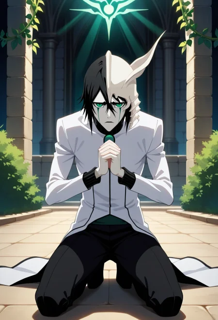 masterpiece, best quality, intricate details, anime screencap, , , , , 1boy, solo, male focus, <lora:ulquiorra_cifer_ilxl:0.9>, ulquiorra_cifer, black hair, green eyes, facial mark, hair between eyes, , temple, vine, stone wall, glowing symbol, sunbeam, praying, kneeling pose, serene expression, Camo joggers, Striped crew neck sweater, , Headband, Oxygen Mask