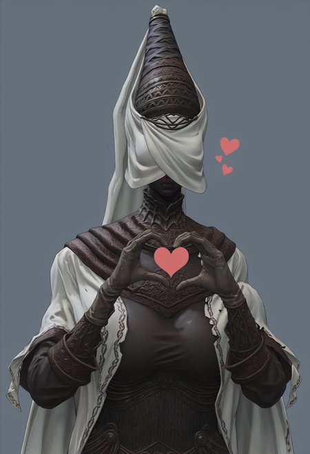score_9, score_8_up, score_7_up, score_6_up, score_5_up, score_4_up, 1girl,  <lora:NoxSwordstress:0.85> solo, large breasts, colored skin, black skin, faceless, veil, helmet, armor, cape, cloak, gloves, boots, upper body, heart hands, blush, 
(light blue background:1.15), simple background,